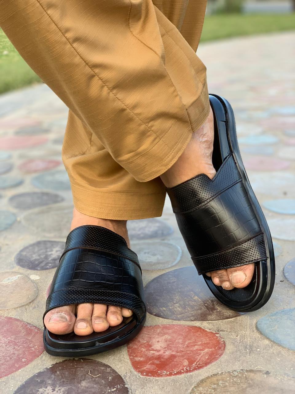 Black Leather Medicated Chappal – Men's PU Sole Daily & Casual Footwear (SG-PC-5154)