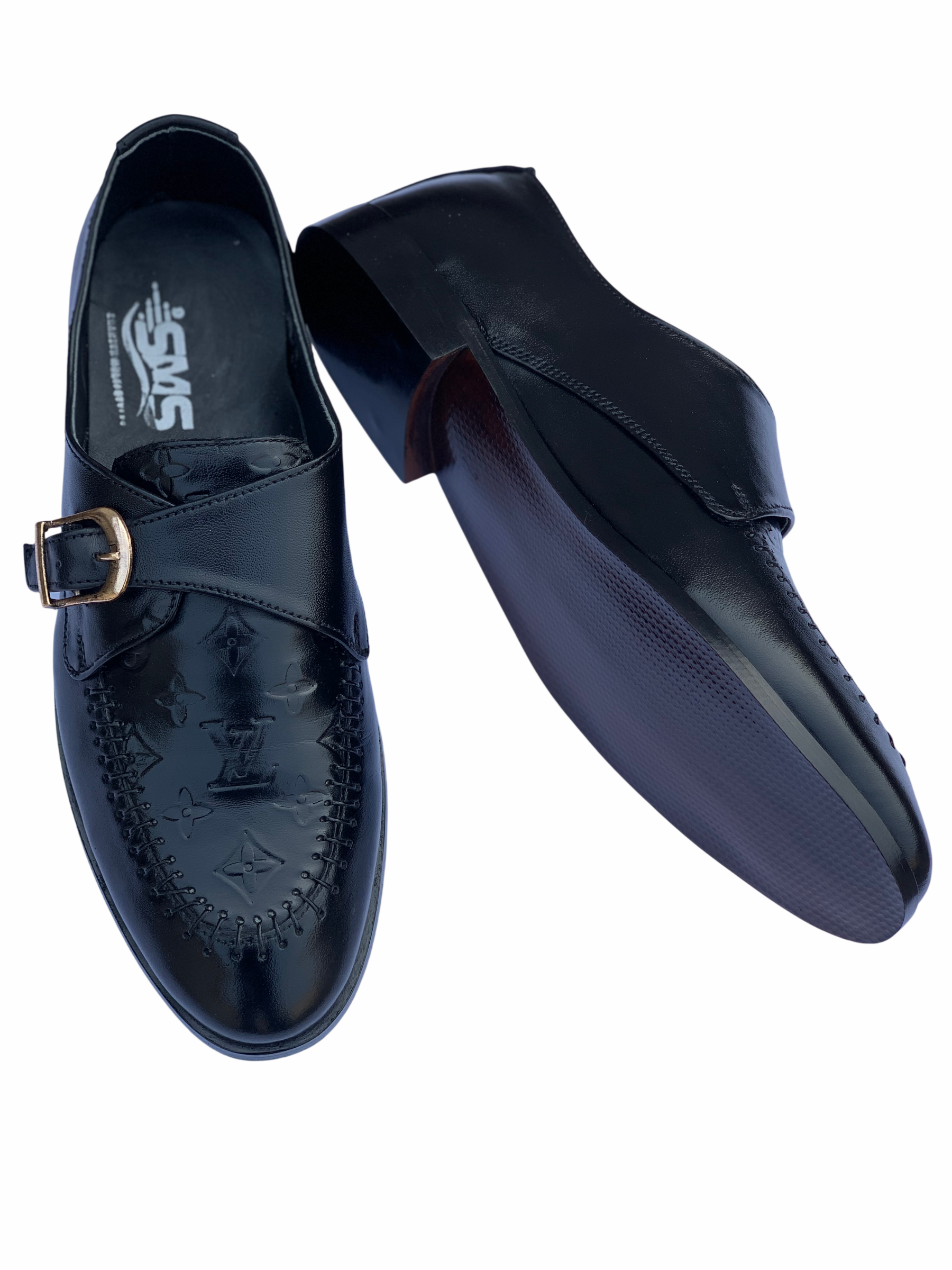 Black LV Embossed Leather Buckle Shoe – Men's Wedding & Office