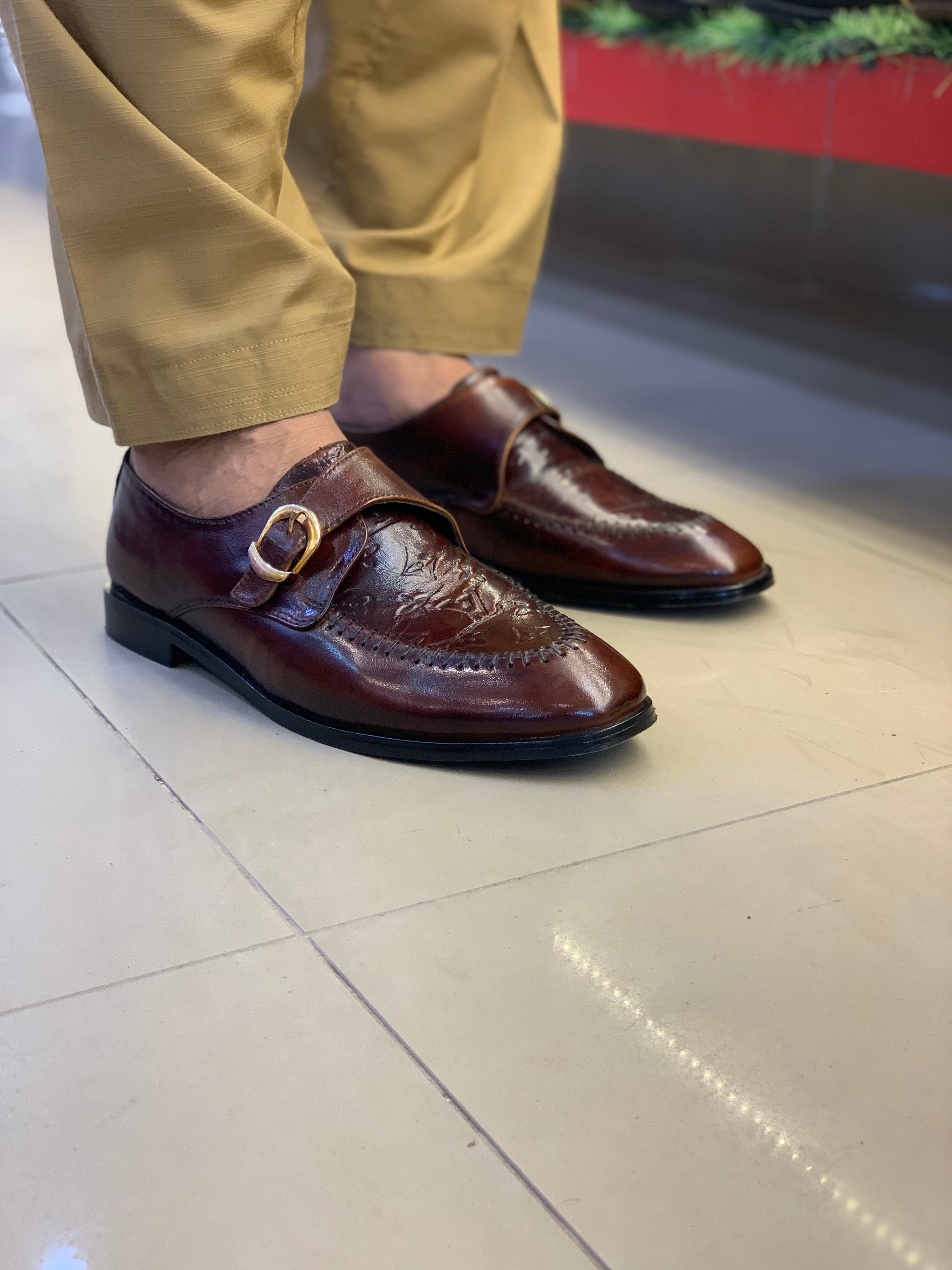 Brown LV Embossed Leather Buckle Shoe – Men's Wedding & Office