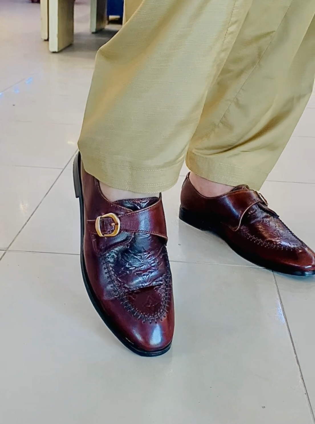 Brown LV Embossed Leather Buckle Shoe – Men's Wedding & Office