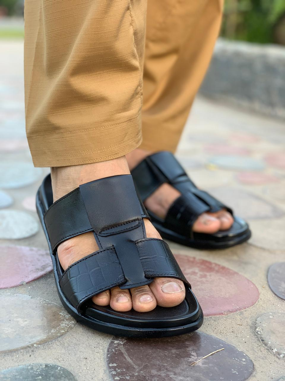 Black Leather Medicated Chappal – Men's PU Sole Daily & Casual Footwear (SG-MC-5155)